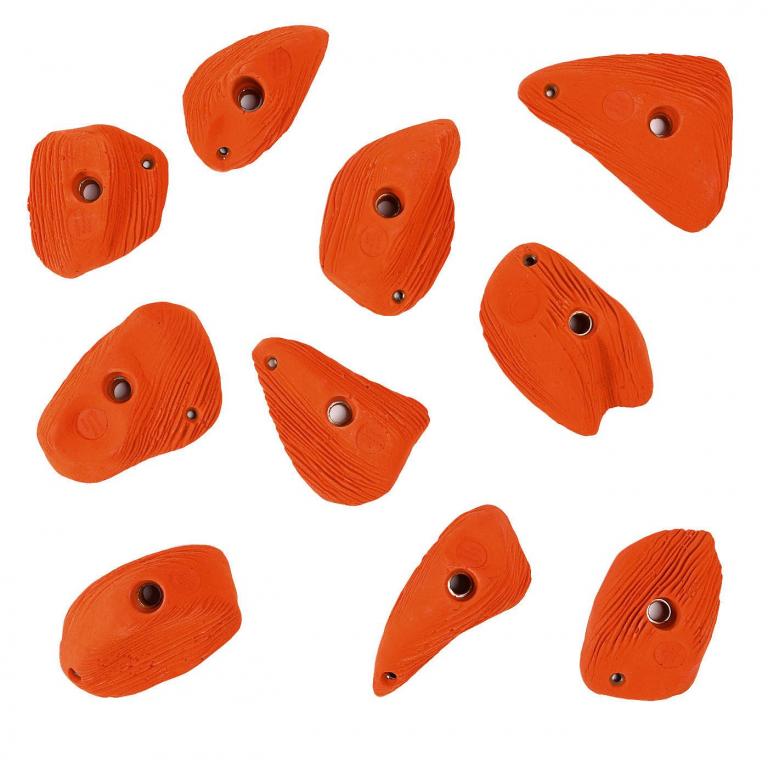 Klettergriffe-DELUXE-Layered-Slopes - orange - die besondere Struktur der 10 Klettergriffe erinnert an abgetragenes Gestein