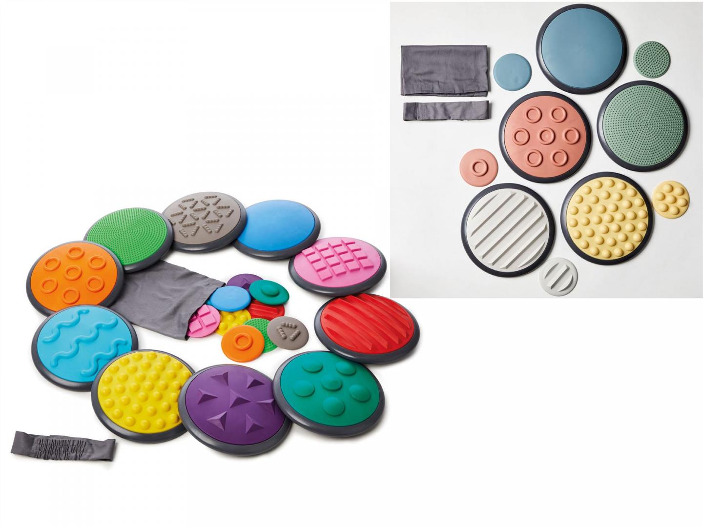 Taktile Scheiben - Sets - Markant strukturiertes, taktiles Material, das den Tastsinn der Kinder an Händen und Füßen herausfordert Taktile Scheiben - Sets - Fördert den Tastsinn