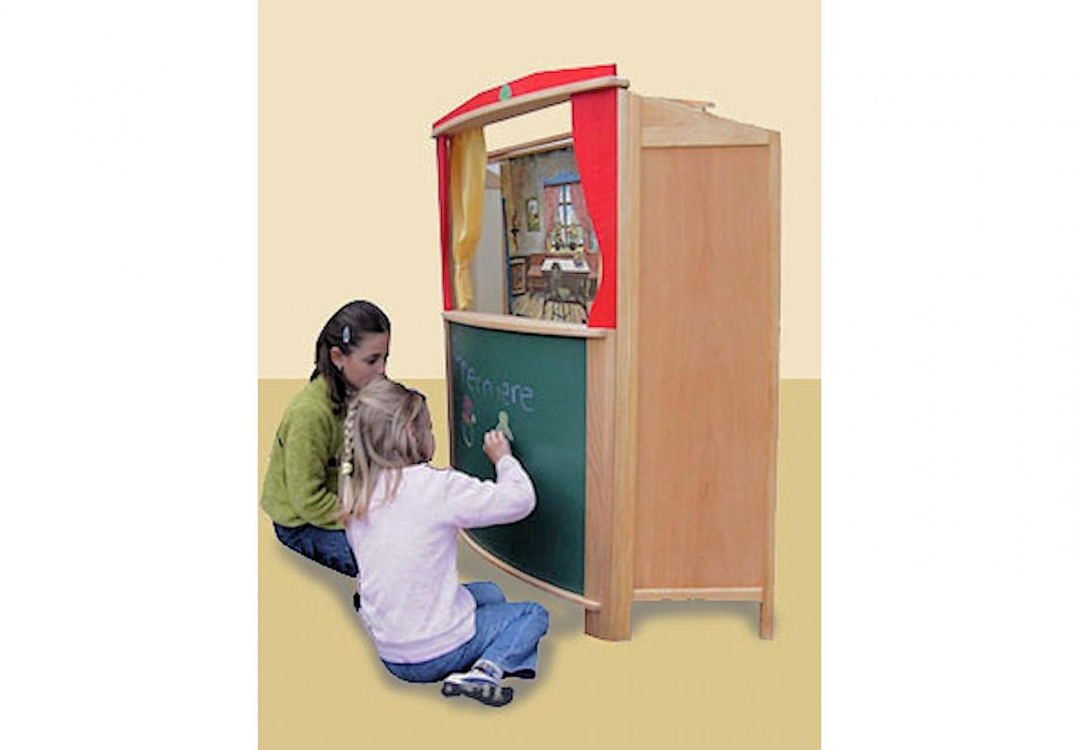 Theater Trulla mit Tafel - Auf der großen Tafelfläche kann der Spielplan und die Eintritspreise angezeigt werden. Mit Vorhang und Befestigungsstange für den Hintergrund. Theater Trulla mit Tafel sowie Vorhang und Befestigungsstange für den Hintergrund.